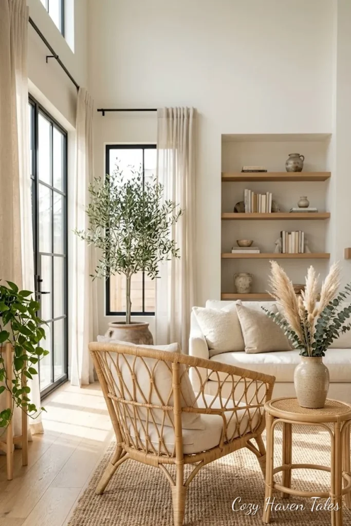 Natural rattan chairs and a round side table by a window in a bright neutral living room