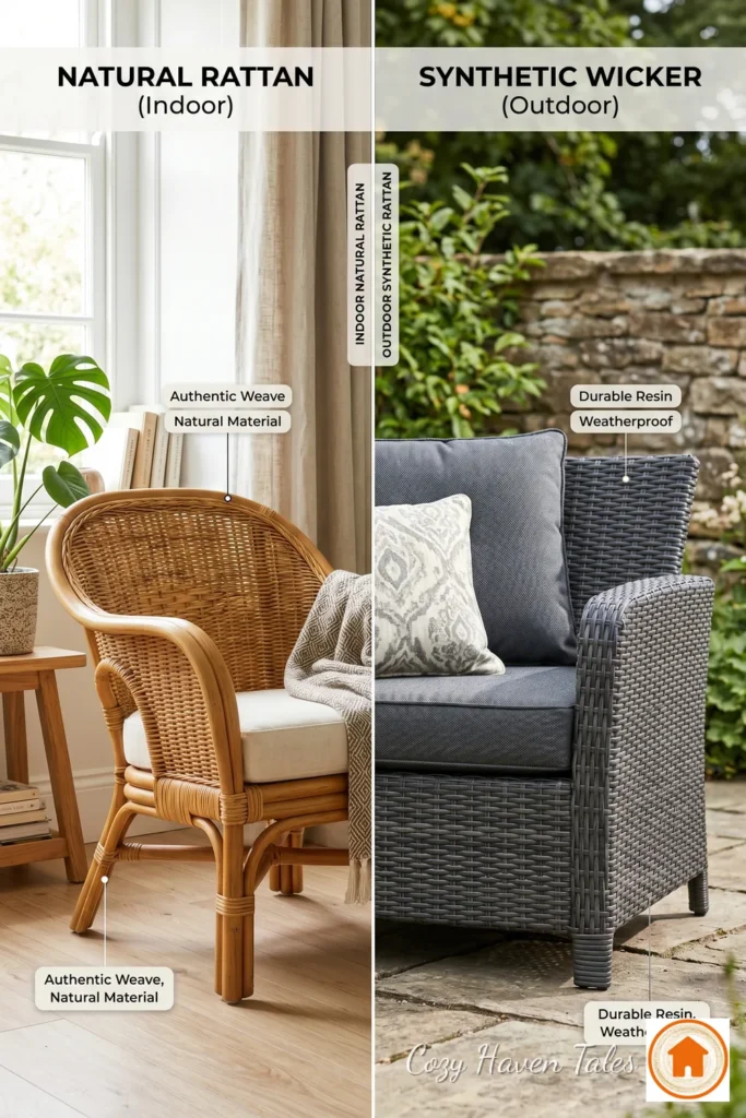 Comparison graphic of natural rattan versus synthetic wicker furniture