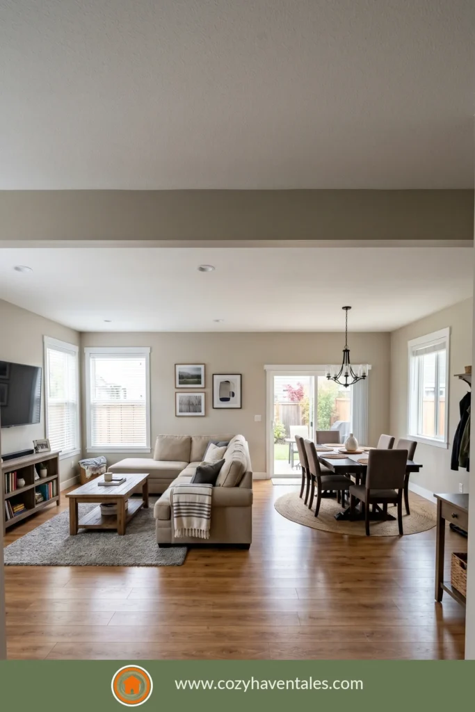 Neutral open-plan living and dining room styled to look custom and high-end