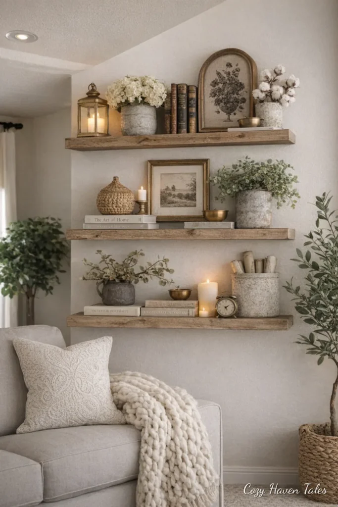 Neutral living room floating shelves with candles, plants and decor
