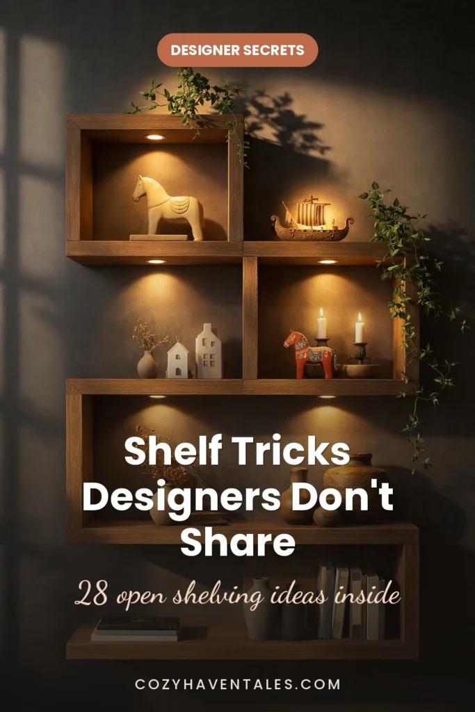 Open shelving ideas pin showing geometric wood corner shelves with the text "shelf tricks designers don't share