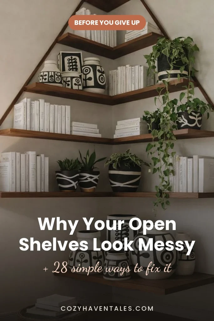 Open shelving ideas pin showing triangular corner shelves with the text "why your open shelves look messy"