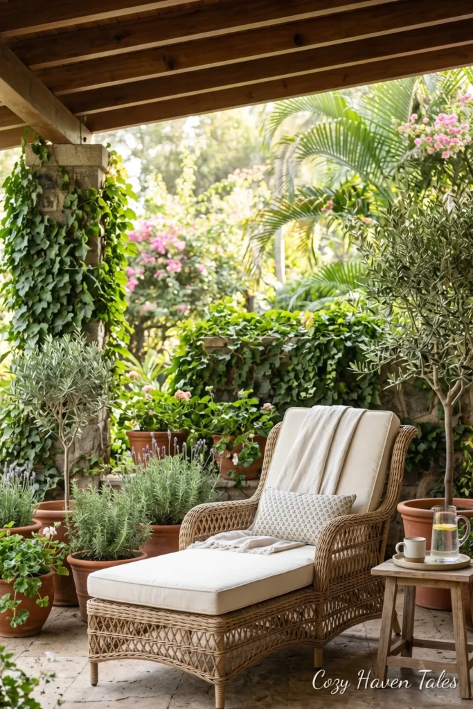 Outdoor rattan lounge furniture on a garden patio surrounded by tropical plants