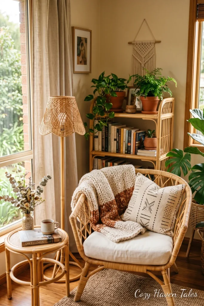 Natural rattan armchair in a cozy reading nook with a lamp, books and plants