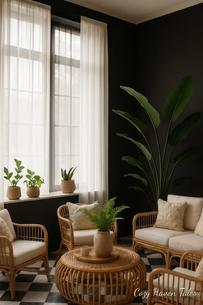 Natural rattan armchairs and a round rattan coffee table in a plant-filled sunroom