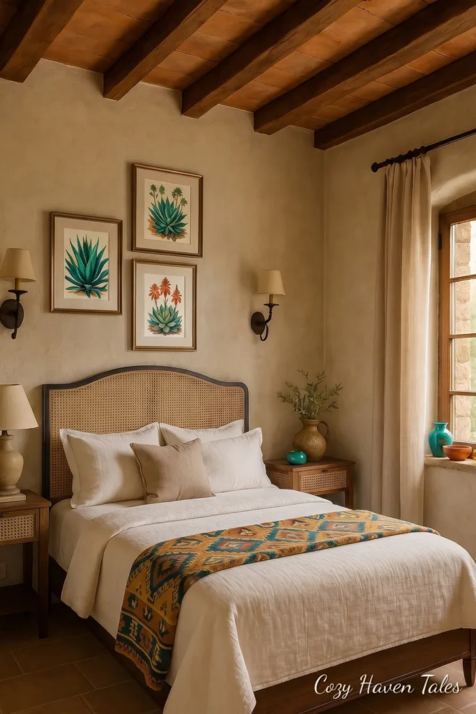 Rustic bedroom with a beamed ceiling, upholstered bed and natural rattan accents