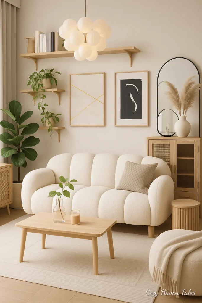 Scandinavian living room with open wood shelving, boucle sofa and plants