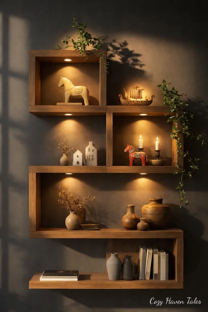 Asymmetric floating box shelves with LED lighting and plants