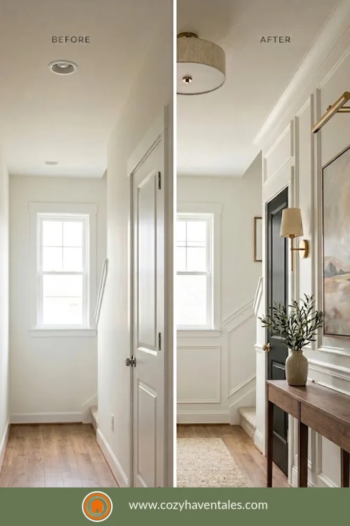 Styled hallway console table with lamps, art and decor in a builder home