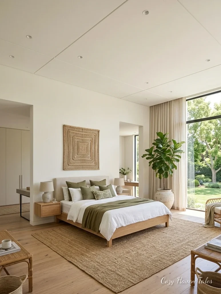Modern summer bedroom with large glass doors, neutral furnishings, woven textures, and garden views.
