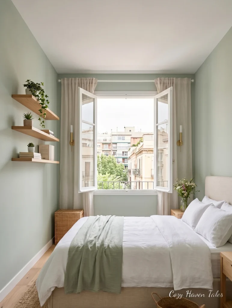Small sage green bedroom with open windows, floating shelves, white bedding, and soft summer styling.
