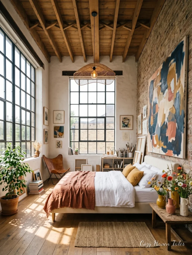 Industrial loft bedroom with exposed brick walls, large steel-framed windows, and warm summer sunlight.