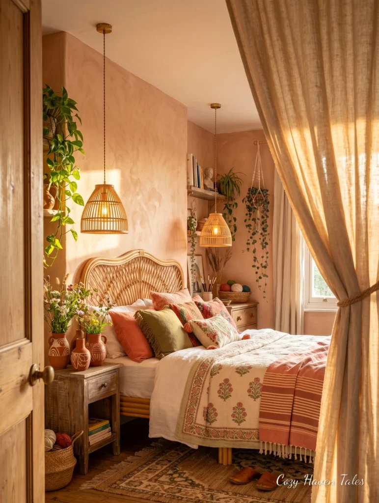 Boho summer bedroom with rattan headboard, earthy textiles, hanging plants, and soft natural light.