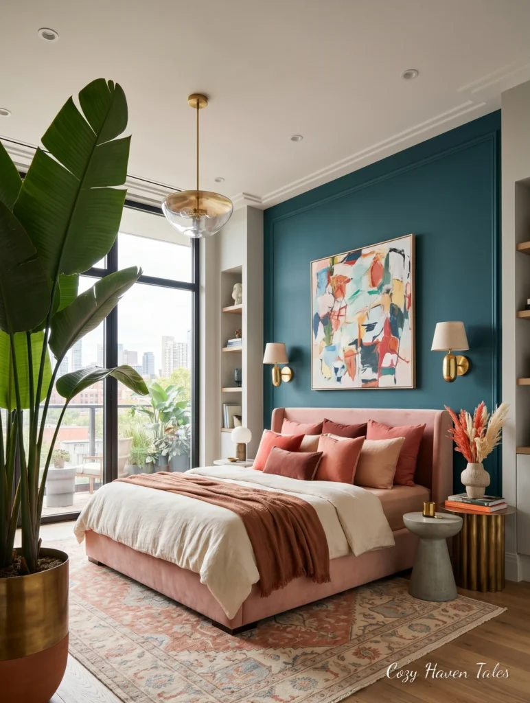 Bedroom with deep blue accent wall, blush bedding, indoor plants, and bright summer daylight.