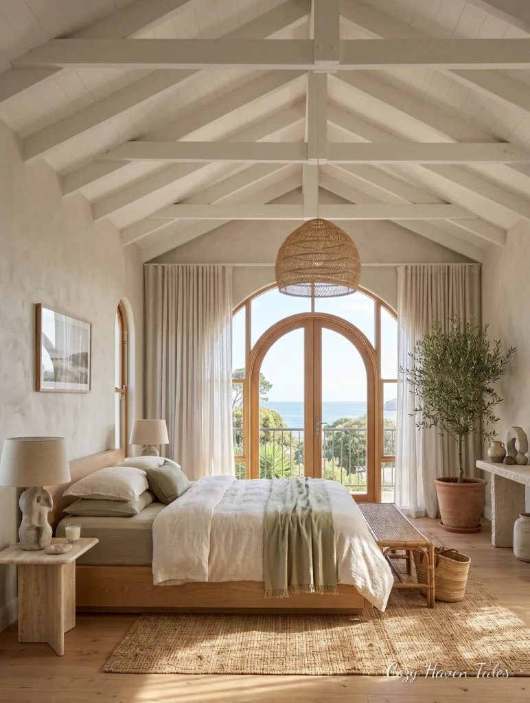 Coastal-style bedroom with white vaulted ceiling, arched window, neutral bedding, and warm natural textures.