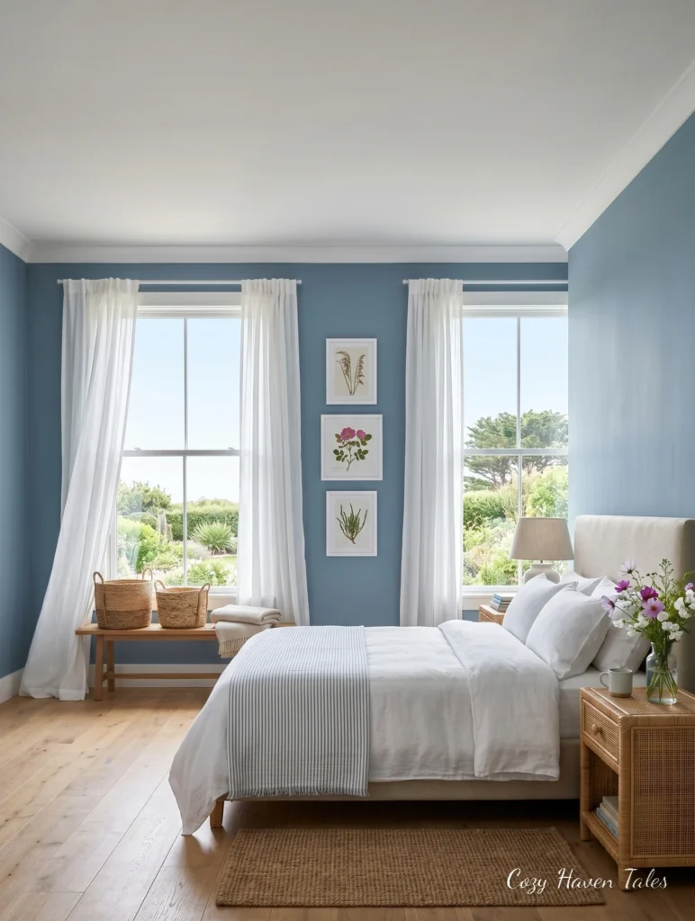 Soft blue bedroom with white bedding, large windows, and airy summer styling.
