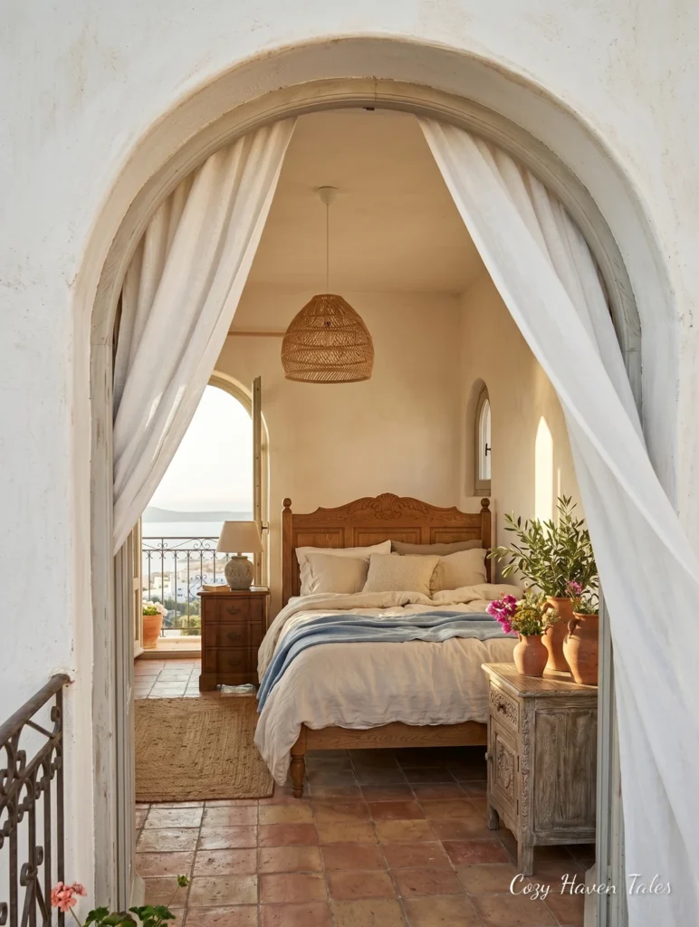 Tuscan-style summer bedroom with arched doorway, terracotta flooring, linen bedding, and warm natural textures.