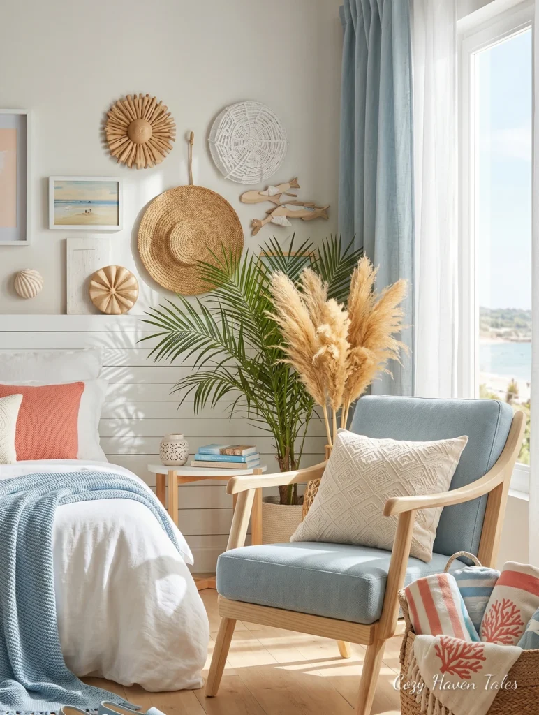 Coastal summer bedroom with pale blue accents, woven wall décor, pampas grass, and natural textures.