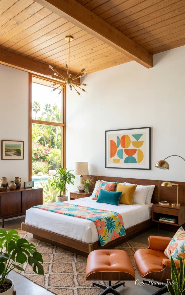Mid-century modern summer bedroom with colorful textiles, warm wood ceiling, and abundant natural light.