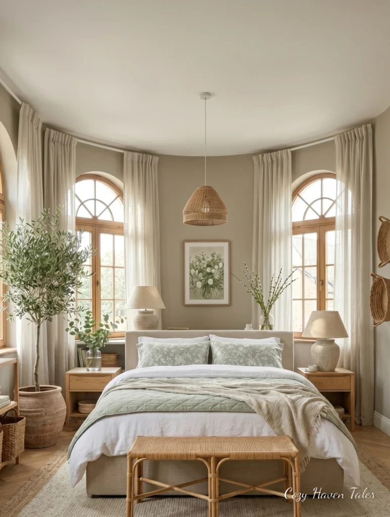 Summer bedroom with arched windows, neutral bedding, woven pendant light, and soft natural textures.