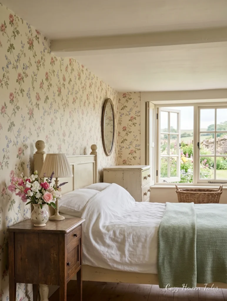 Cottage-style summer bedroom with floral wallpaper, white bedding, wooden furniture, and garden views.