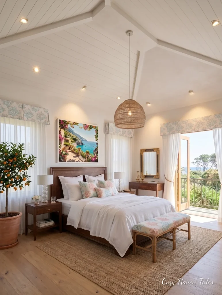 Light-filled Mediterranean summer bedroom with vaulted ceiling, white bedding, woven pendant light, and garden views.