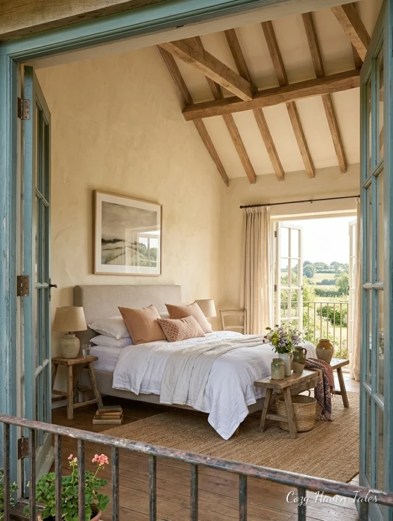 Mediterranean bedroom with exposed beams, balcony doors, white bedding, and warm natural textures.