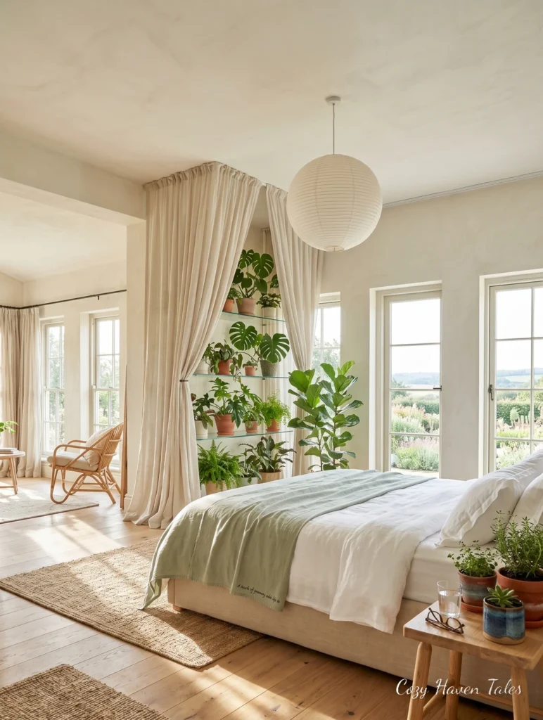 Bright summer bedroom with indoor plants, soft green accents, sheer curtains, and abundant natural light.