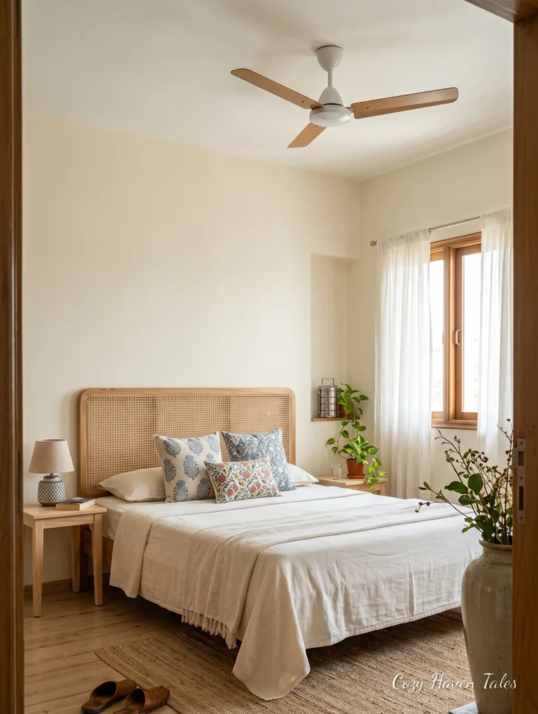 Minimal summer bedroom with rattan headboard, white bedding, ceiling fan, and natural wood accents.