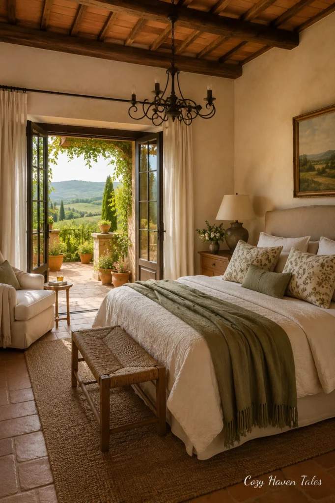Tuscan-style summer bedroom with terracotta flooring, exposed beams, linen bedding, and open garden views.