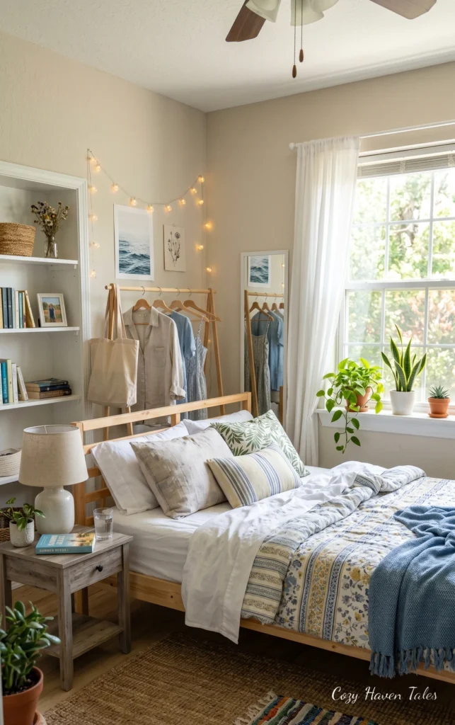 Bright cottage bedroom with layered bedding, indoor plants, open shelving, and soft summer light.