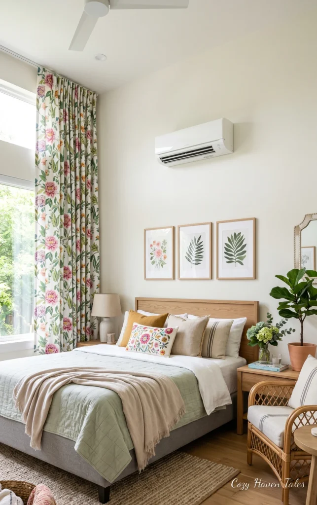 Summer bedroom with floral curtains, neutral bedding, indoor plants, and bright natural light.