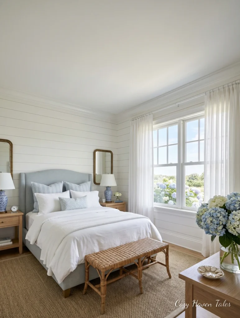 Classic white summer bedroom with layered bedding, woven bench, and large sunlit windows.