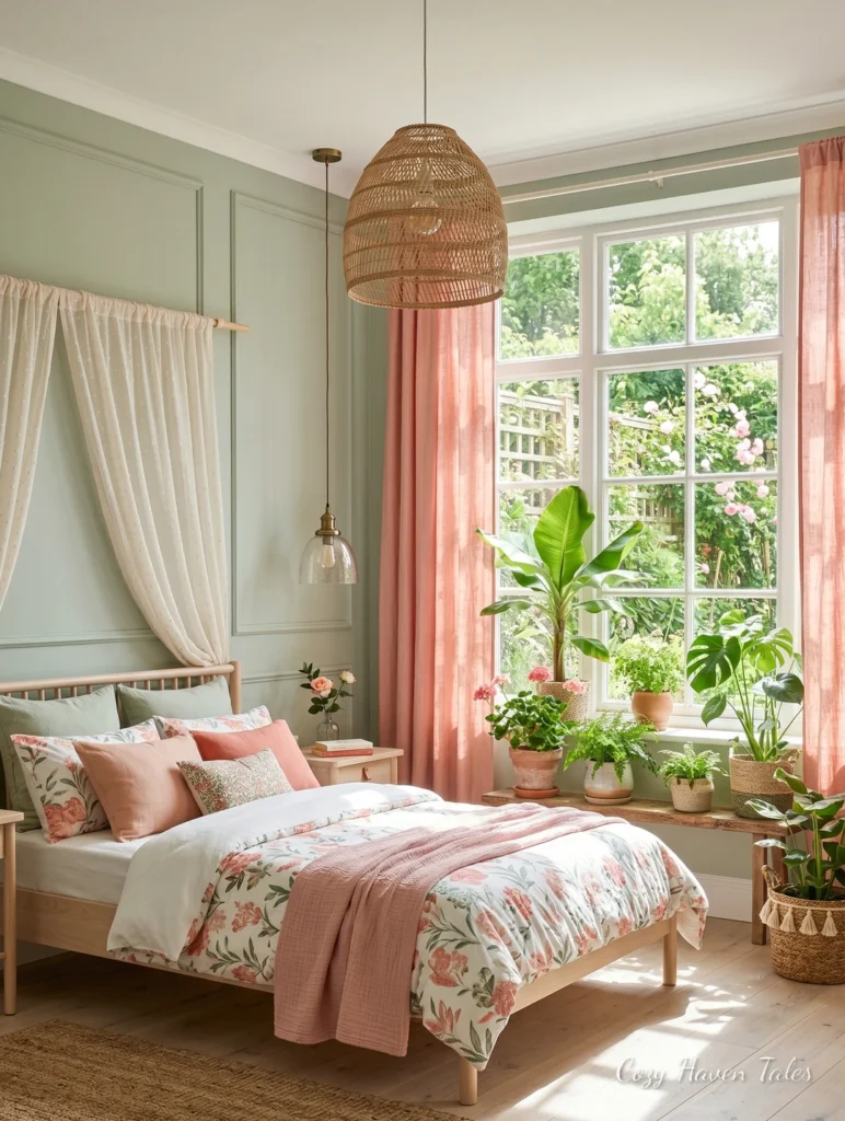 Botanical summer bedroom with blush pink curtains, floral bedding, woven pendant light, and indoor plants.