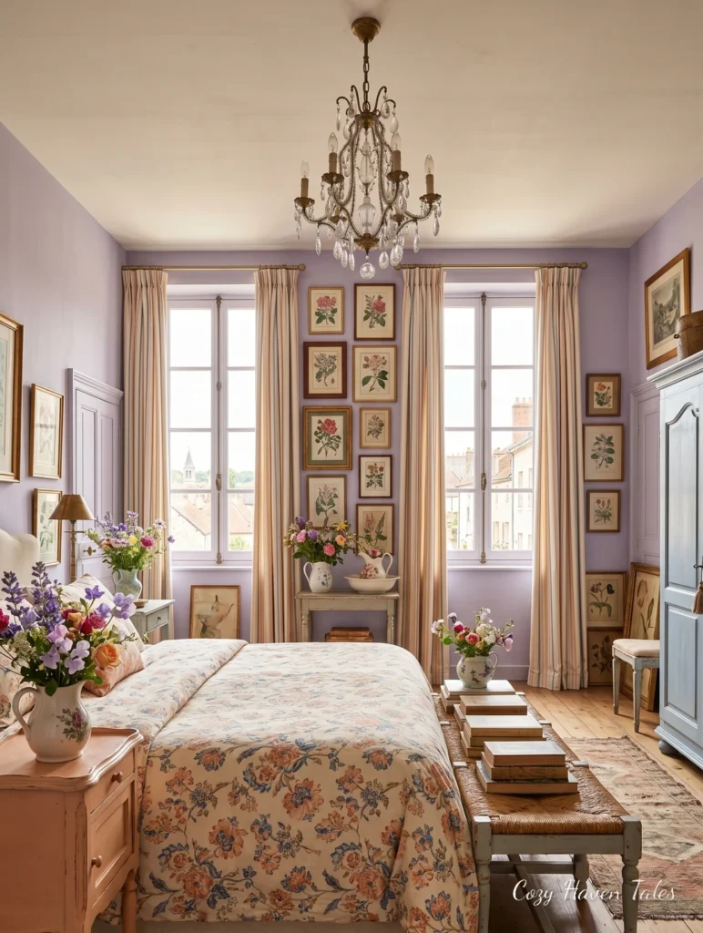 Lavender summer bedroom with floral bedding, tall windows, chandelier, and soft pastel decor.