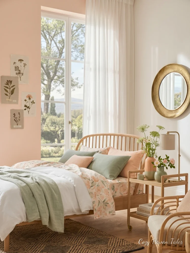 Soft blush cottage bedroom with floral bedding, wicker chair, round mirror, and airy white curtains.