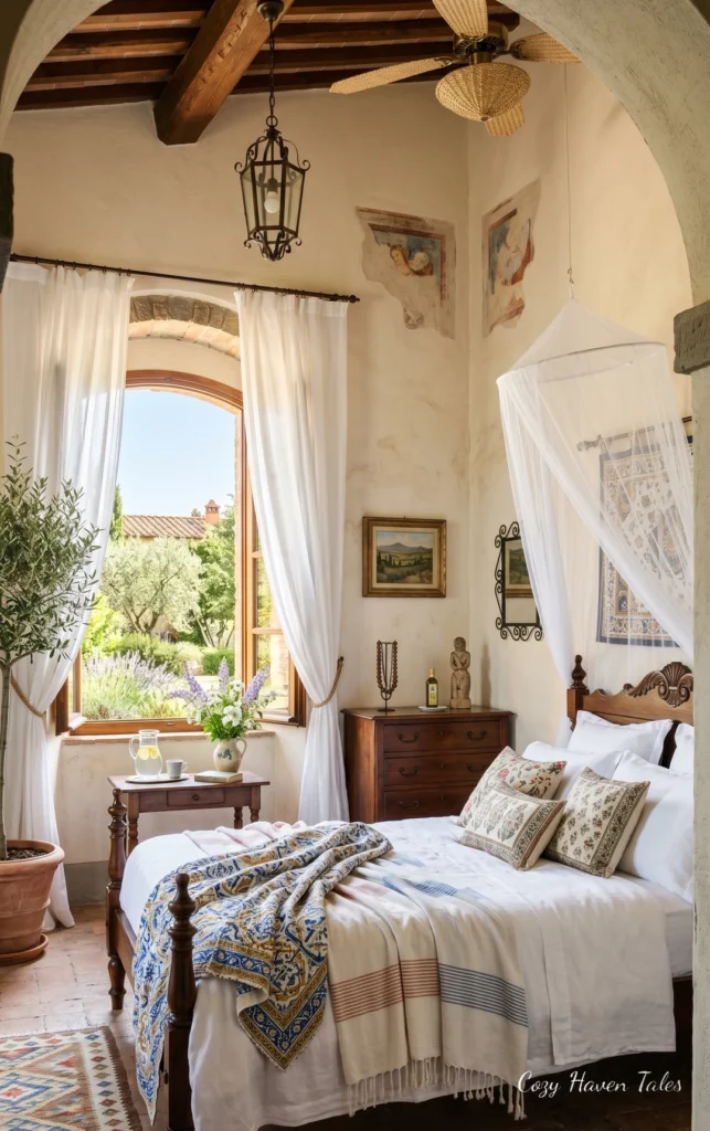 Rustic Mediterranean bedroom with exposed wooden beams, white curtains, layered textiles, and natural summer light.