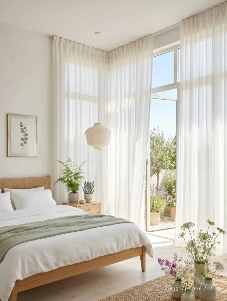 Minimalist summer bedroom with floor-to-ceiling windows, white bedding, and soft neutral decor.