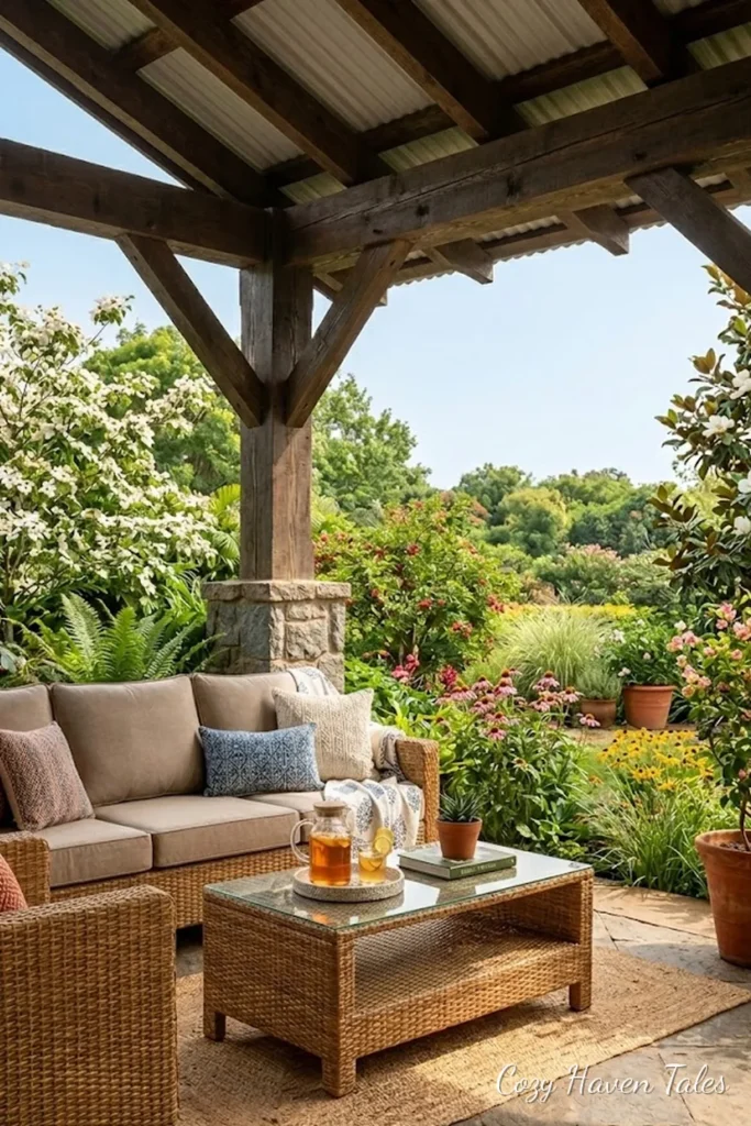 Synthetic rattan outdoor sofa set with cushions on a covered patio in a garden