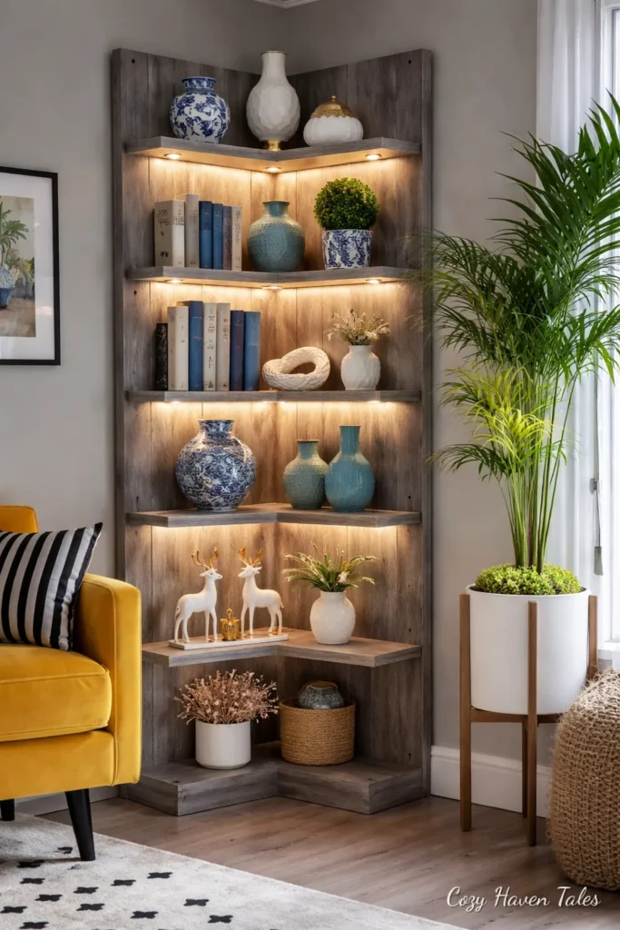 Corner open shelving unit with LED lighting, blue vases and plants