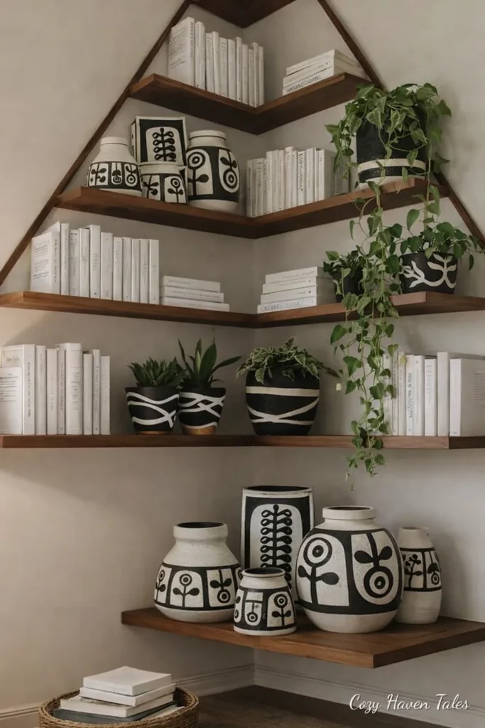 Triangular corner shelves styled with pottery, books and a plant