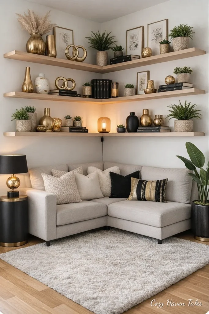 Floating wood shelves with black brackets above a sofa with plants