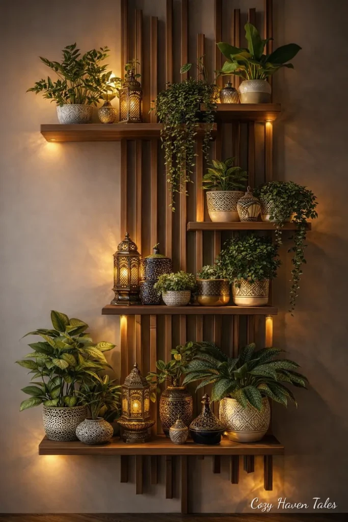 Wood slat wall with floating shelves, LED lighting, plants and candles