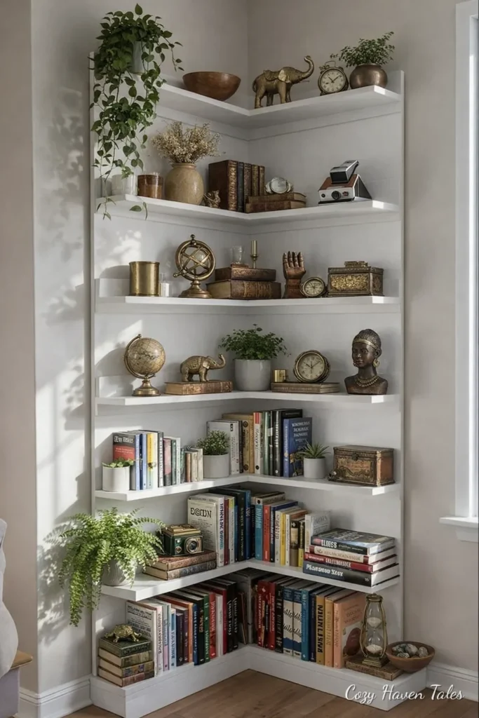White corner floating shelves filled with books and green plants