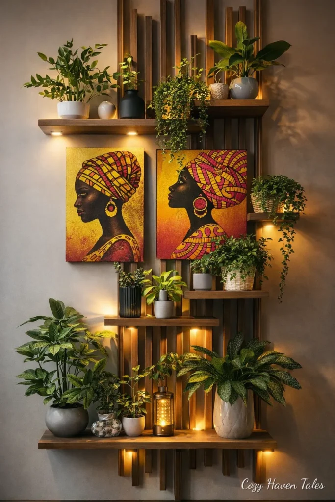 Wood wall shelves with plants and framed wall art in warm light