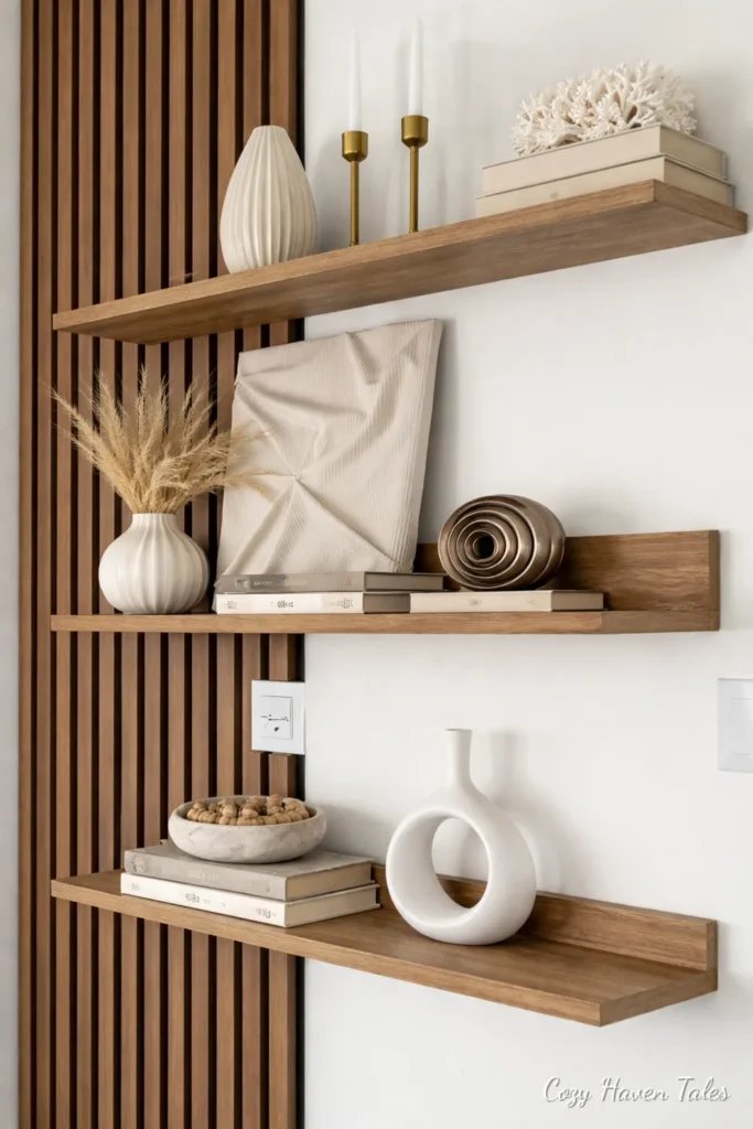 Floating wood shelves on a wood slat accent wall with minimalist decor