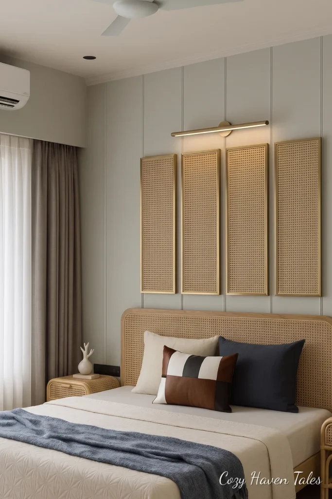 Modern bedroom with woven cane rattan headboard panels and neutral navy bedding
