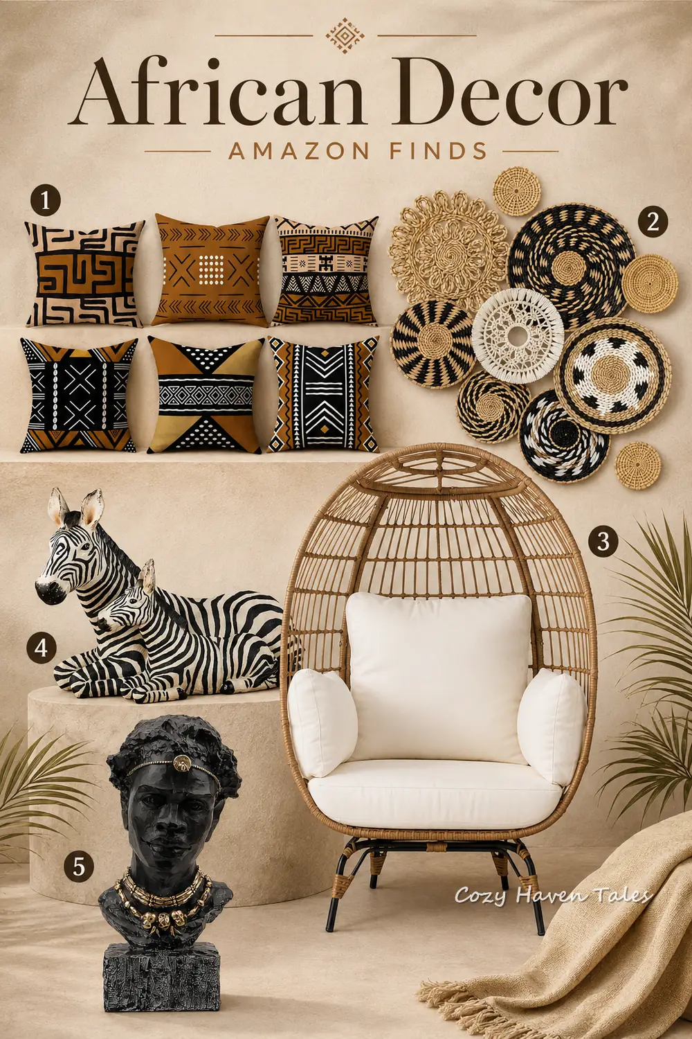 African-inspired Amazon decor finds featuring mud-cloth cushions, woven wall baskets, a wicker egg chair and decorative sculptures.