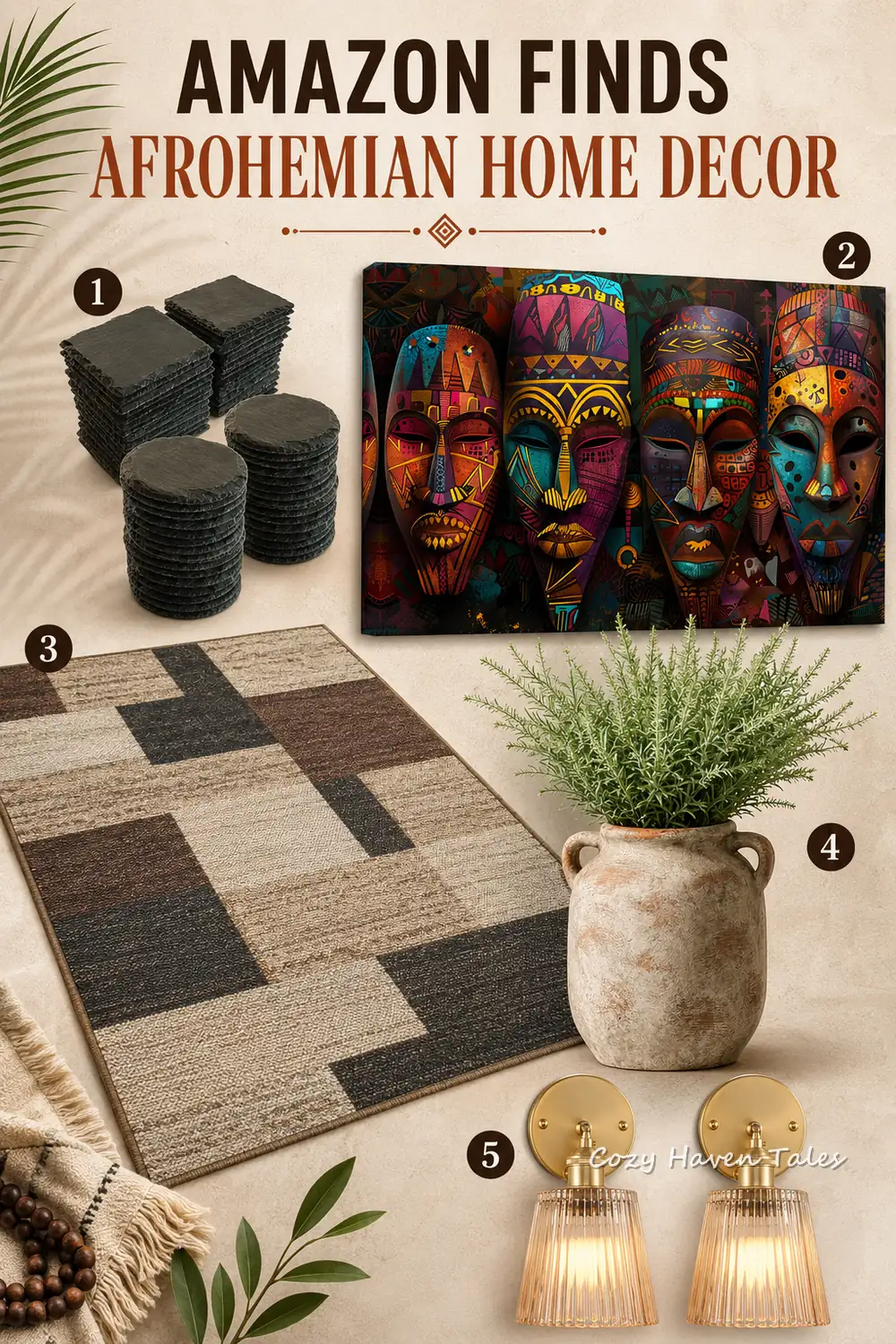 Afrohemian Amazon finds featuring slate coasters, African mask wall art, a geometric rug, rustic vase and amber wall lights.