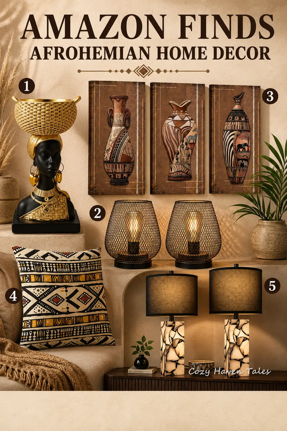 Afrohemian decor collection featuring an African-inspired sculpture, metal lanterns, vase wall art, tribal cushion and table lamps.